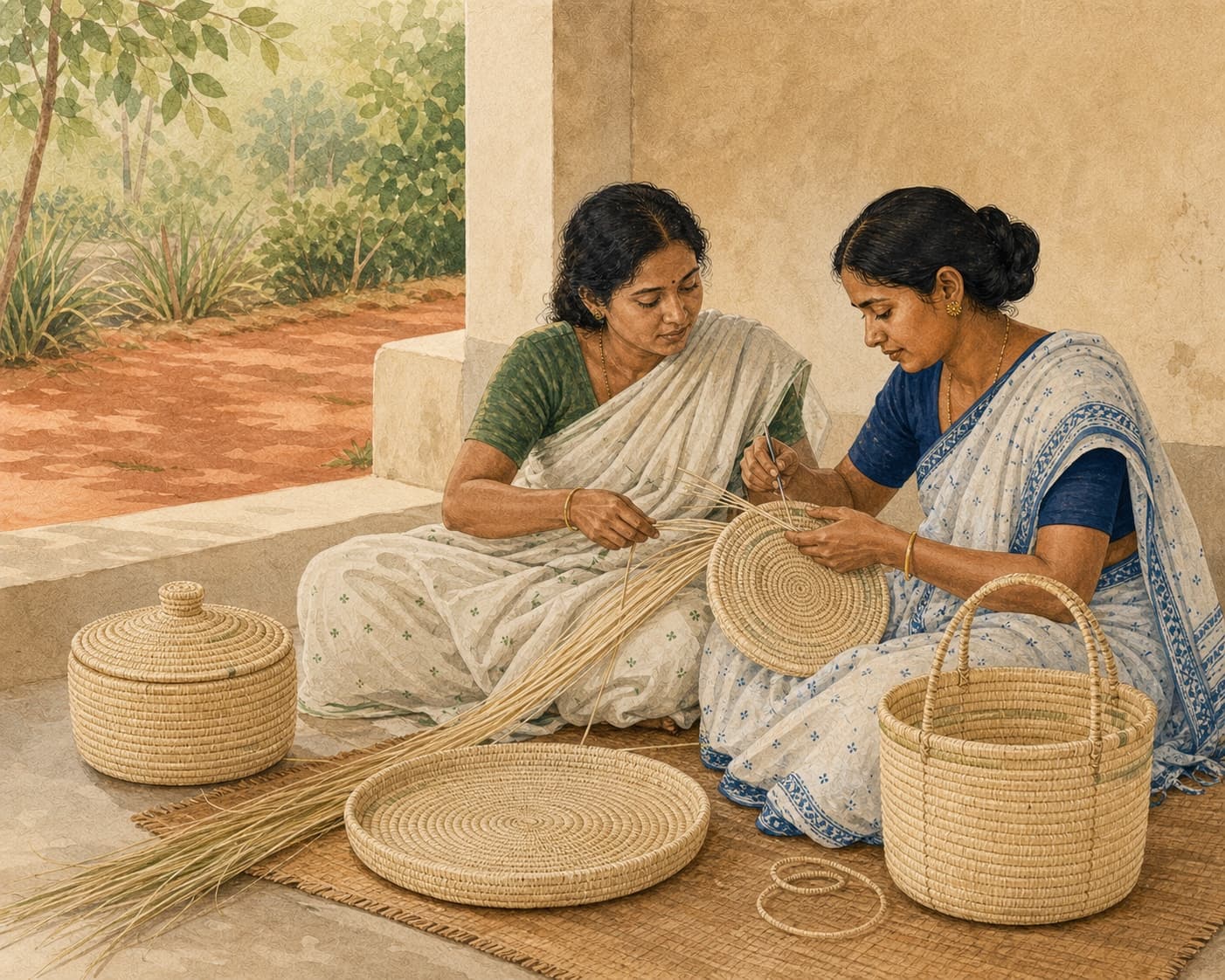 Illustration of two artisans weaving Sabai grass baskets in West Bengal